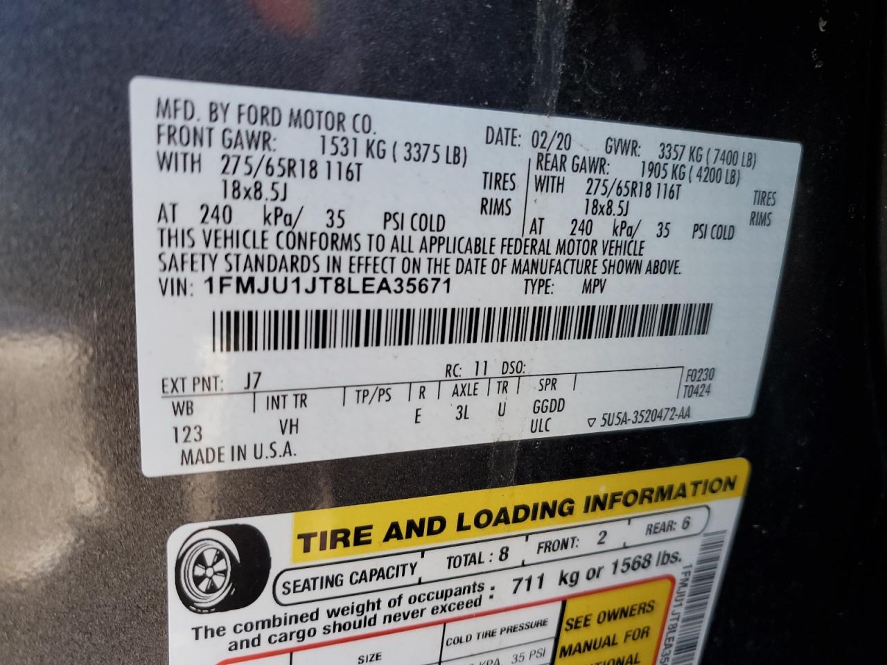2020 Ford Expedition VIN 1FMJU1JT8LEA35671 Copart auction photo, front end damage thumbnail 13