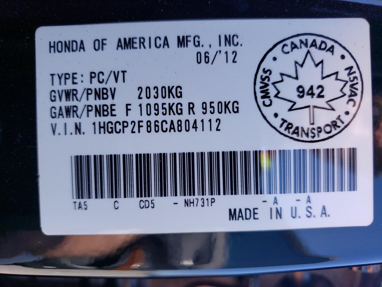 2012 Honda Accord VIN 1HGCP2F86CA804112 Copart auction photo, rear end damage thumbnail 13