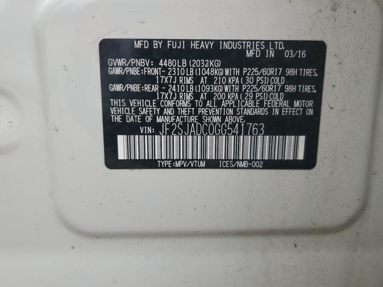 2016 Subaru Forester VIN JF2SJADC0GG541763 Copart auction photo, rear end damage thumbnail 13
