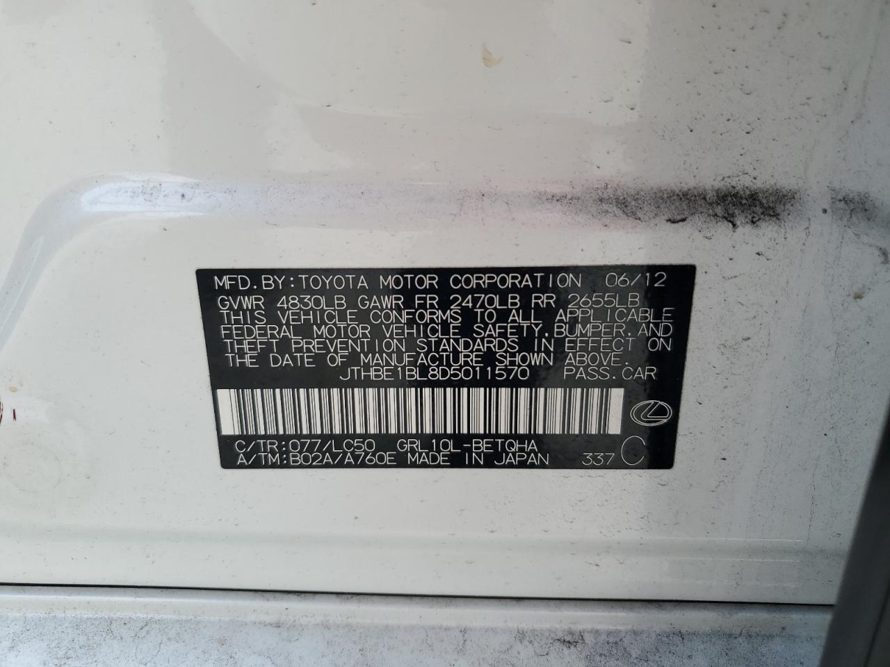 2013 Lexus GS VIN JTHBE1BL8D5011570 Copart auction photo, front end damage thumbnail 12