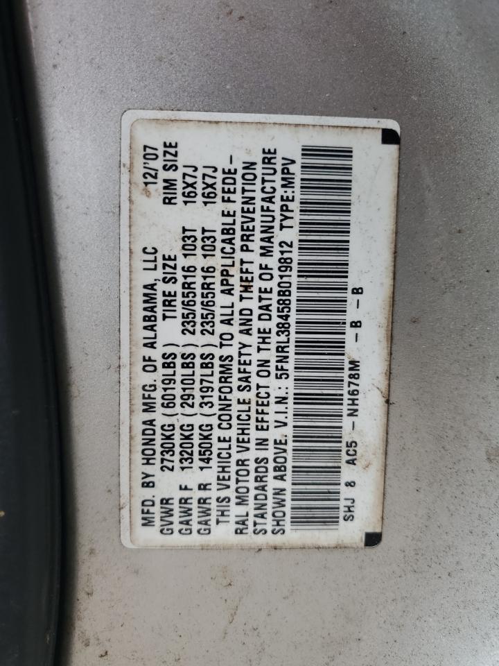 2008 Honda Odyssey VIN 5FNRL38458B019812 Copart auction photo, water/flood damage thumbnail 13