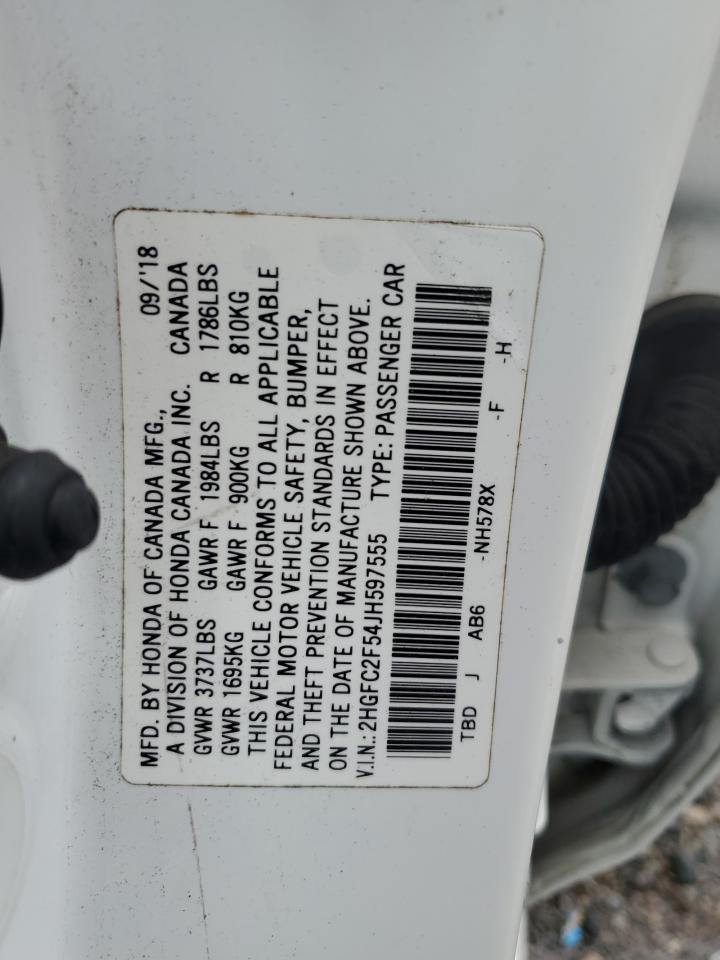 2018 Honda Civic VIN 2HGFC2F54JH597555 Copart auction photo, front end damage thumbnail 12