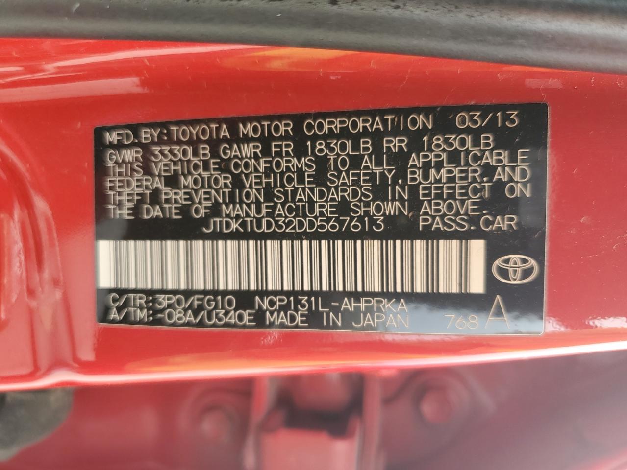 2013 Toyota Yaris VIN JTDKTUD32DD567613 Copart auction photo, all over damage thumbnail 12