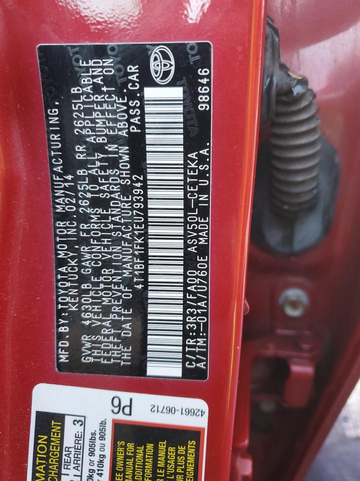 2014 Toyota Camry VIN 4T1BF1FK1EU793942 Copart auction photo, front end damage thumbnail 12