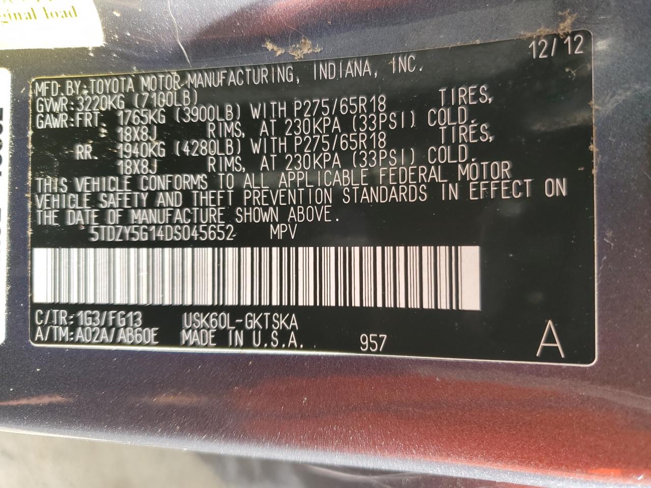 2013 Toyota Sequoia VIN 5TDZY5G14DS045652 Copart auction photo, side damage thumbnail 15