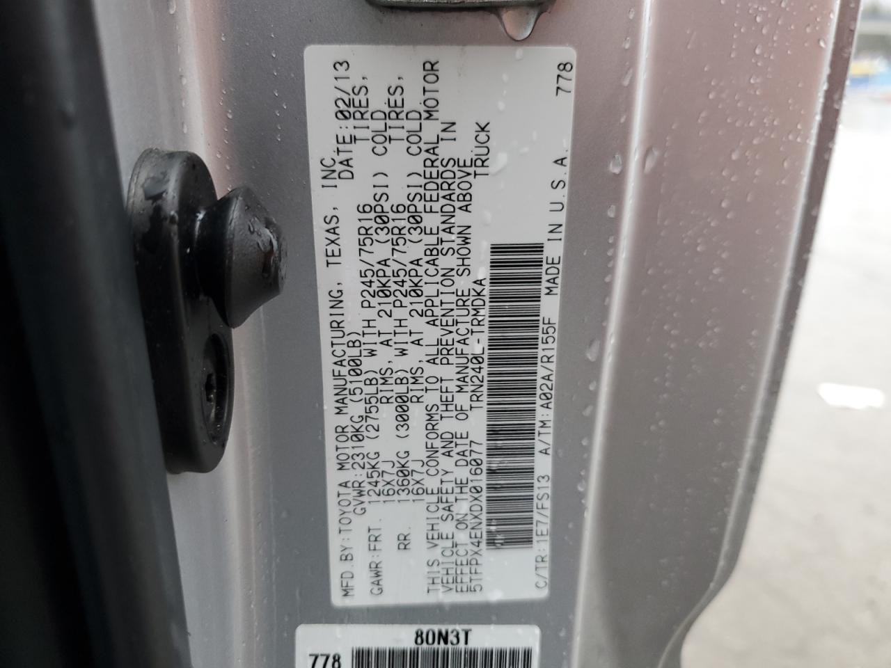 2013 Toyota Tacoma VIN 5TFPX4ENXDX016077 Copart auction photo, rear end damage thumbnail 12