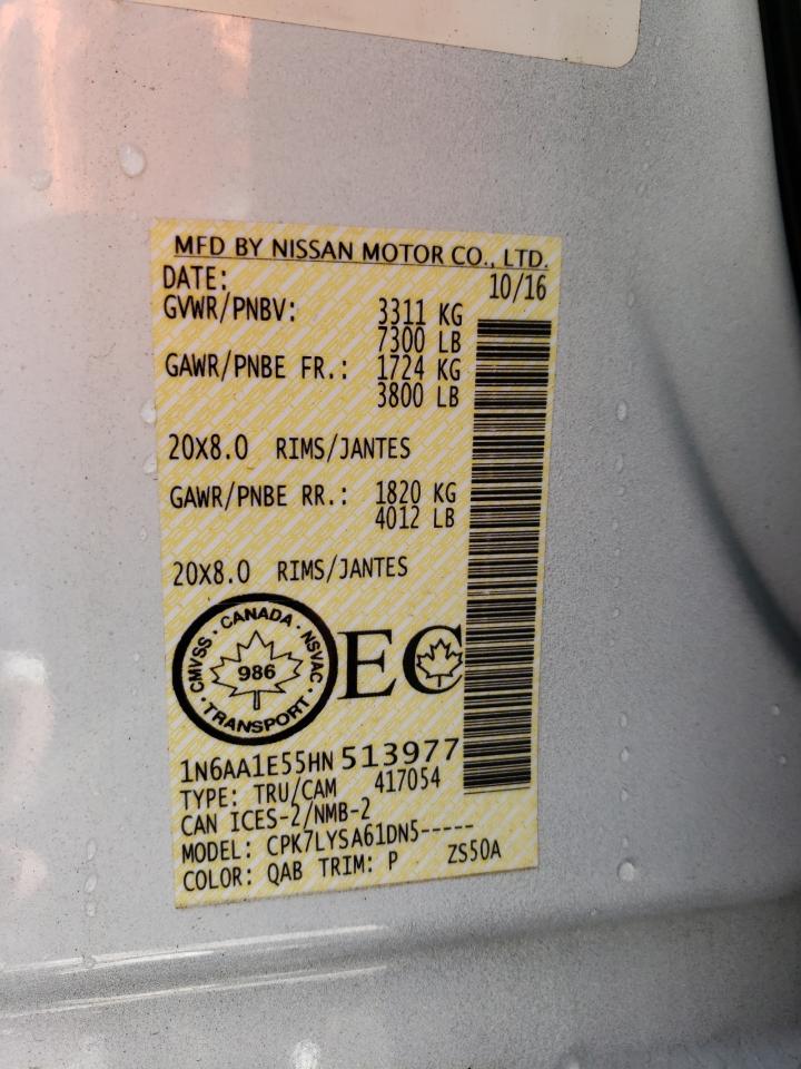 2017 Nissan Titan VIN 1N6AA1E55HN513977 Copart auction photo, front end / hail damage thumbnail 14