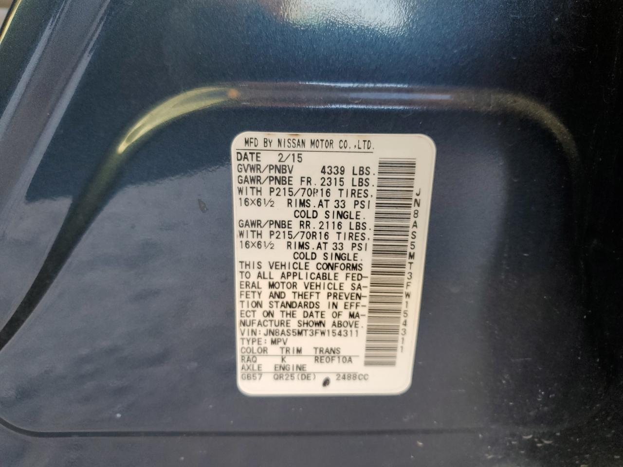 2015 Nissan Rogue VIN JN8AS5MT3FW154311 Copart auction photo, rear end / minor dent/scratches damage thumbnail 15