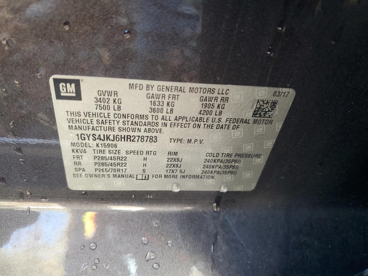 2017 Cadillac Escalade VIN 1GYS4JKJ6HR278783 Copart auction photo, front end / mechanical damage thumbnail 15