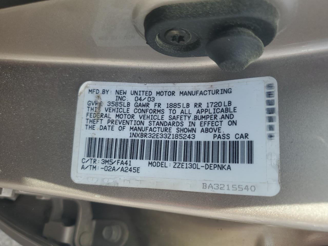 2003 Toyota Corolla VIN 1NXBR32E33Z185243 Copart auction photo, rear end damage thumbnail 13