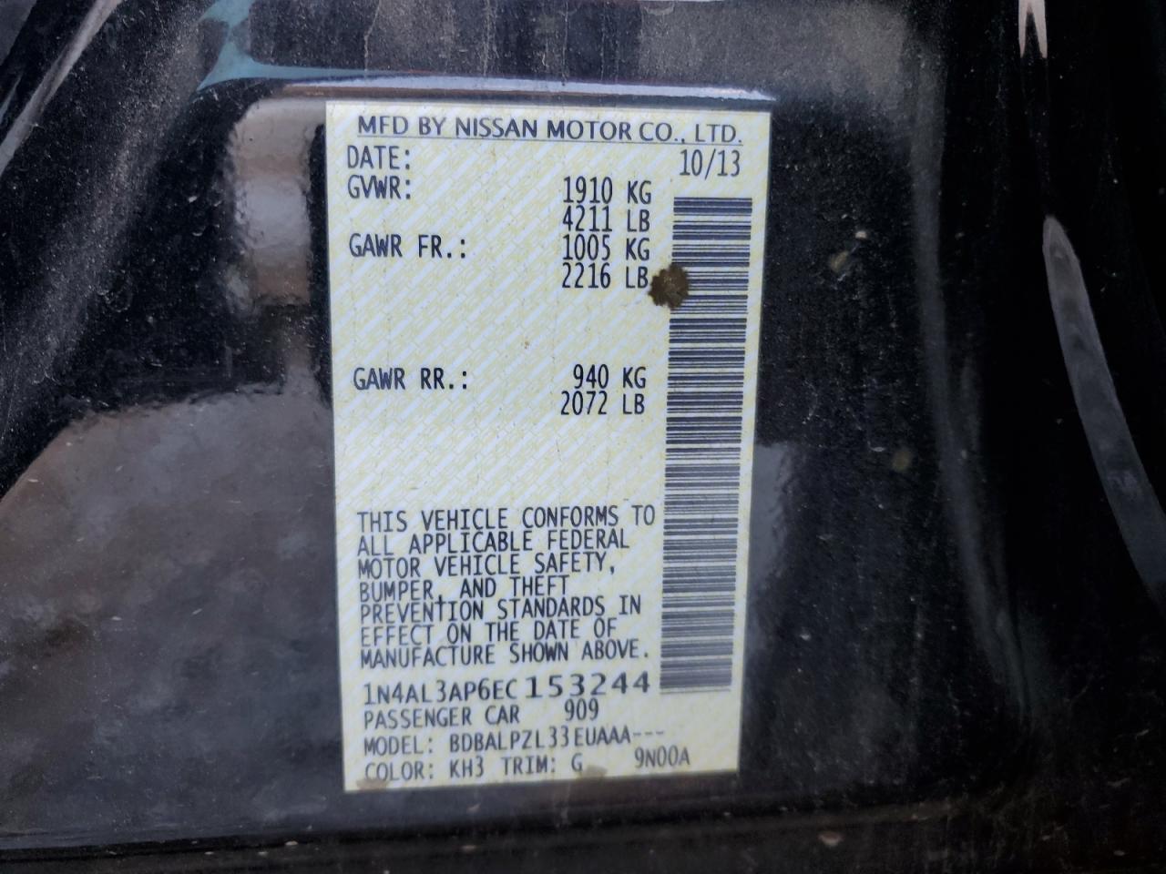 2014 Nissan Altima VIN 1N4AL3AP6EC153244 Copart auction photo, front end / side damage thumbnail 13