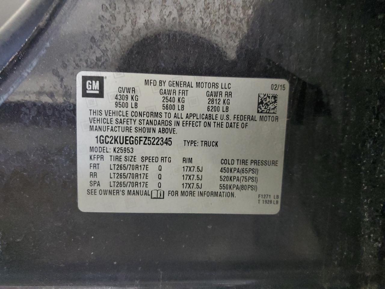 2015 Chevrolet Silverado VIN 1GC2KUEG6FZ522345 Copart auction photo, front end / undercarriage damage thumbnail 13
