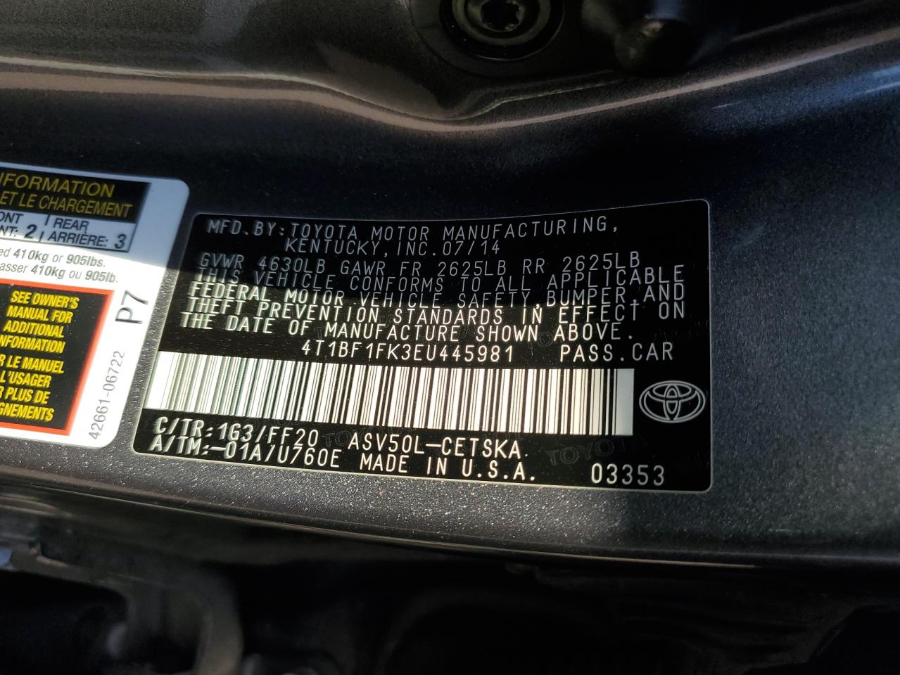 2014 Toyota Camry VIN 4T1BF1FK3EU445981 Copart auction photo, side damage thumbnail 12