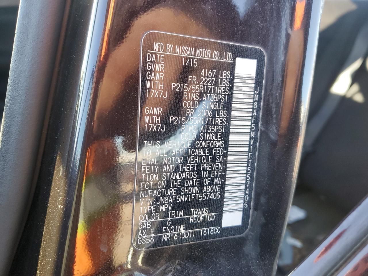 2015 Nissan Juke VIN JN8AF5MV1FT557405 Copart auction photo, rear end damage thumbnail 14