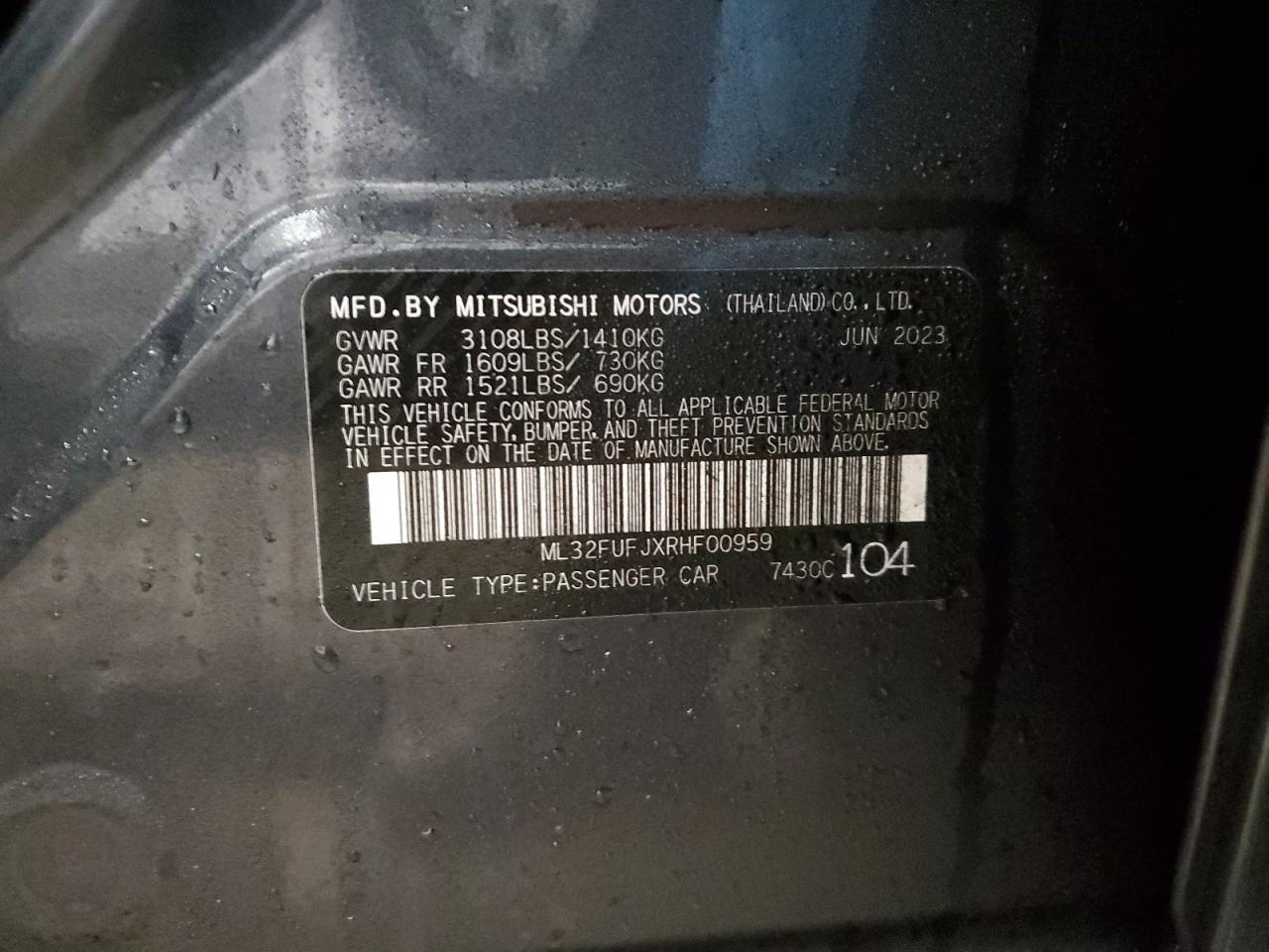 2024 Mitsubishi Mirage VIN ML32FUFJXRHF00959 Copart auction photo, front end damage thumbnail 15