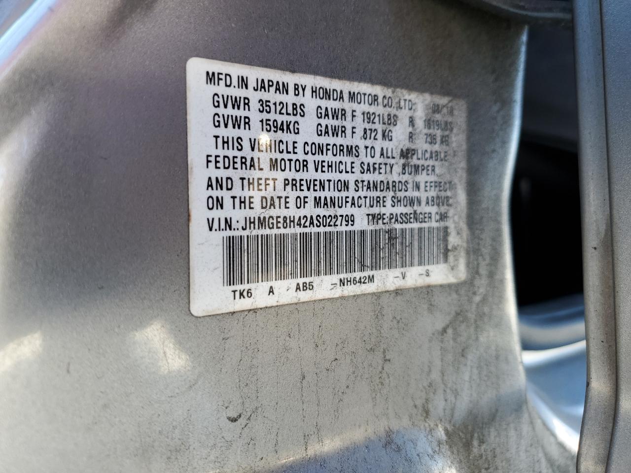 2010 Honda Fit VIN JHMGE8H42AS022799 Copart auction photo, front end damage thumbnail 13
