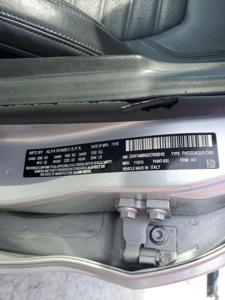 2019 Alfa Romeo Giulia VIN ZARFAMBN2K7609016 Copart auction photo, mechanical damage thumbnail 12
