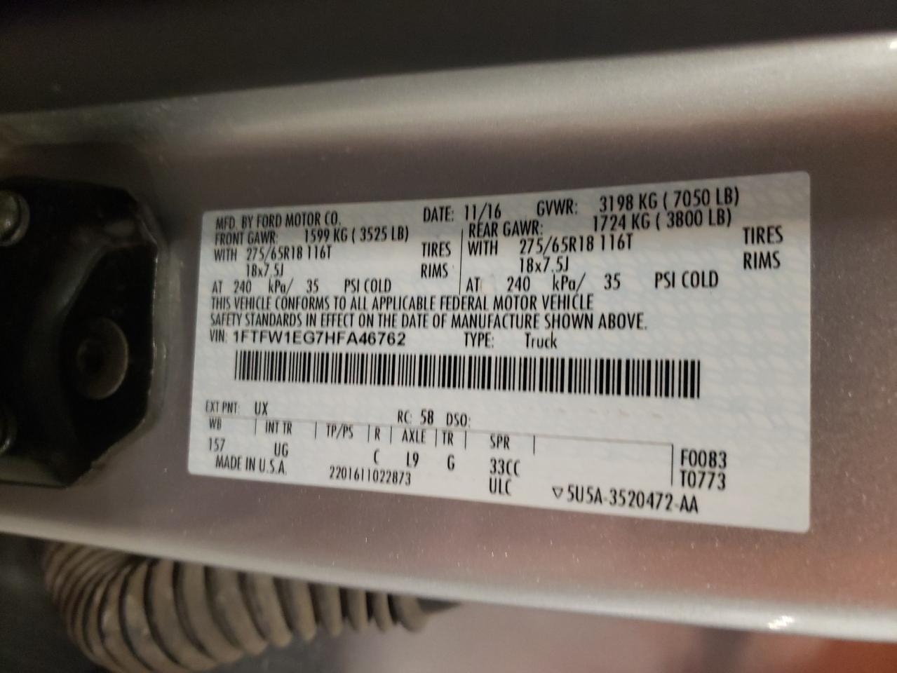 2017 Ford F-150 VIN 1FTFW1EG7HFA46762 Copart auction photo, front end damage thumbnail 12