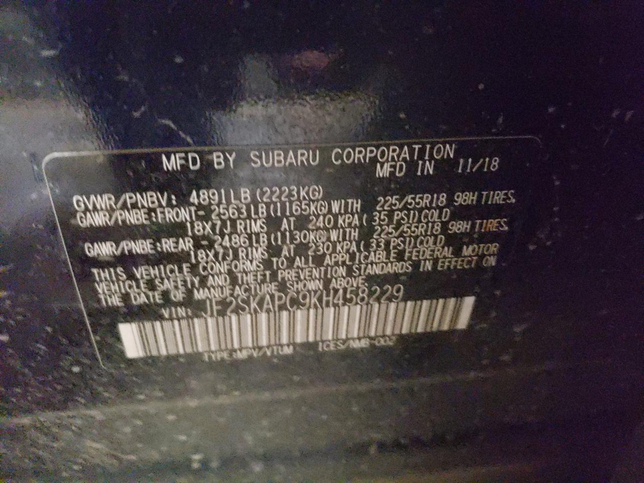 2019 Subaru Forester VIN JF2SKAPC9KH458229 Copart auction photo, rear end / side damage thumbnail 15