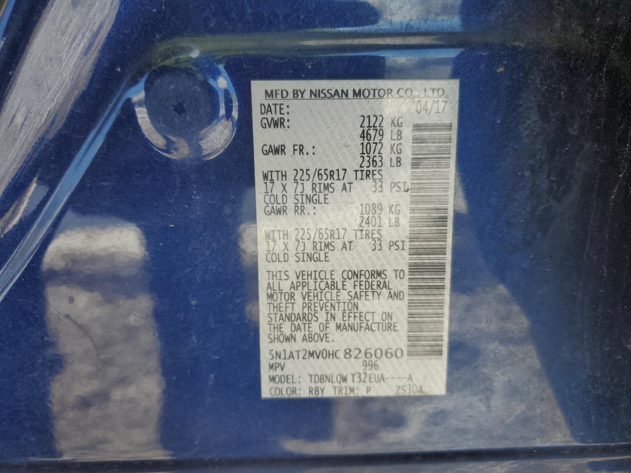 2017 Nissan Rogue VIN 5N1AT2MV0HC826060 Copart auction photo, side / undercarriage damage thumbnail 14