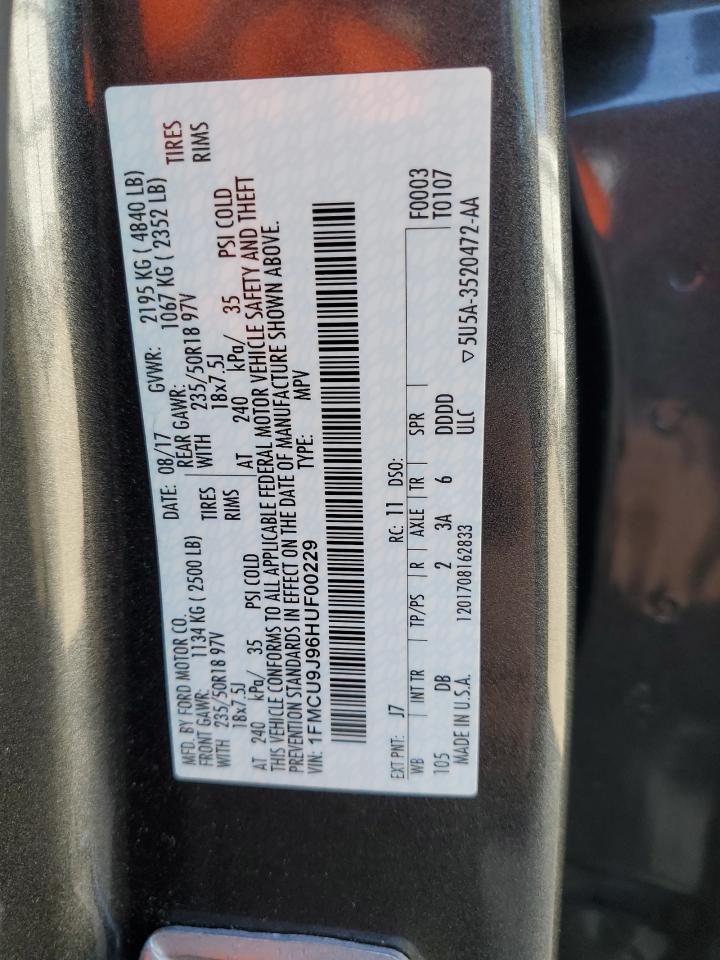 2017 Ford Escape VIN 1FMCU9J96HUF00229 Copart auction photo, front end / rear end damage thumbnail 14