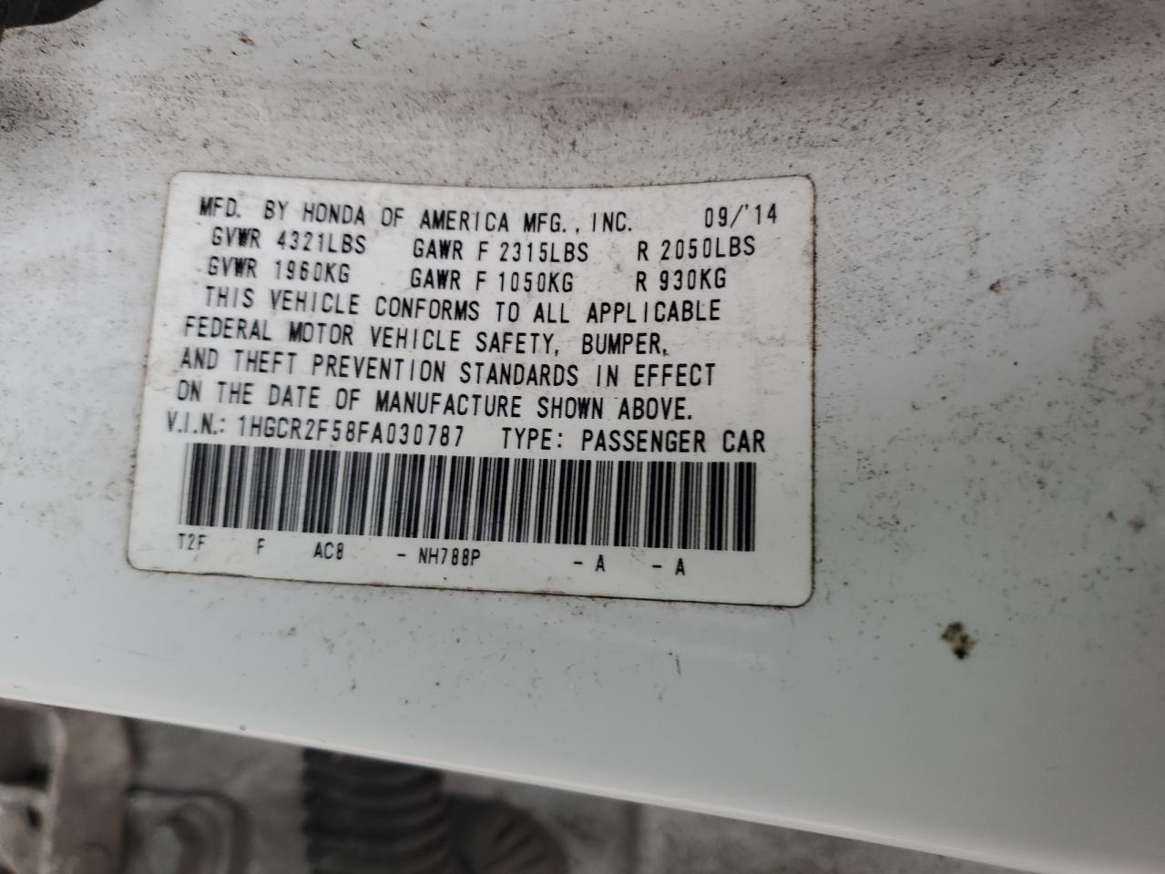 2015 Honda Accord VIN 1HGCR2F58FA030787 Copart auction photo, side damage thumbnail 12
