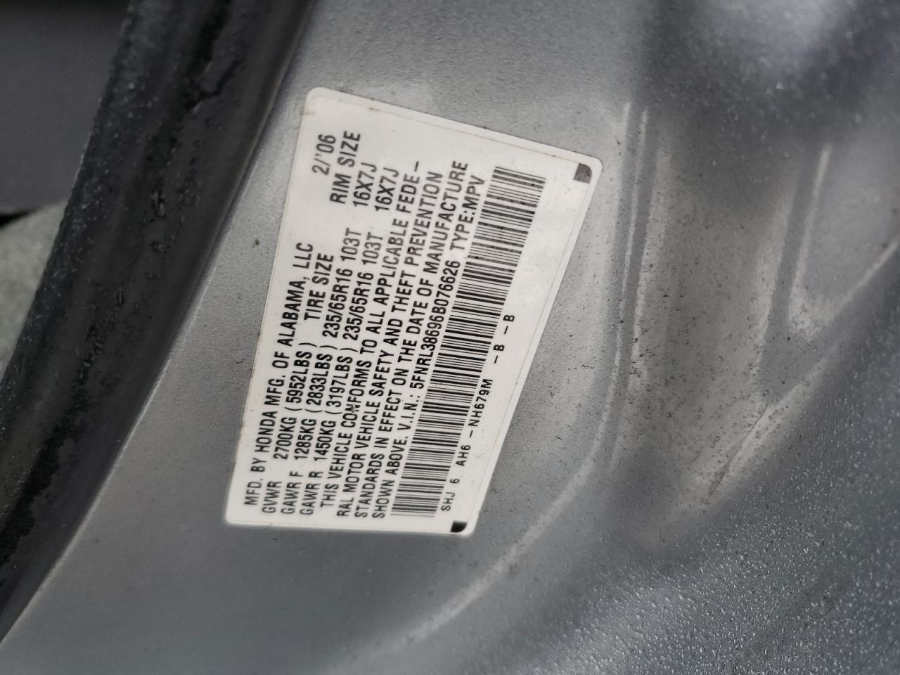 2006 Honda Odyssey VIN 5FNRL38696B076626 Copart auction photo, rear end damage thumbnail 13
