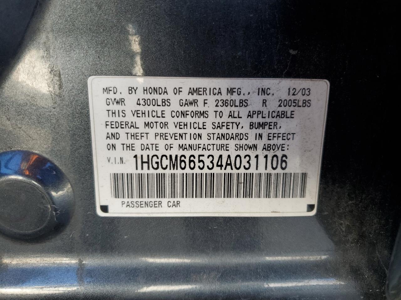2004 Honda Accord VIN 1HGCM66534A031106 Copart auction photo, side / rear end damage thumbnail 12
