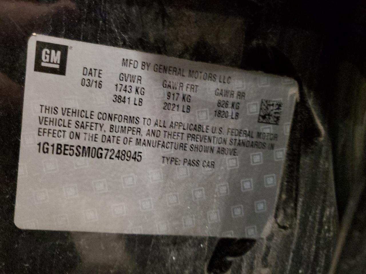 2016 Chevrolet Cruze VIN 1G1BE5SM0G7248945 Copart auction photo, front end damage thumbnail 12