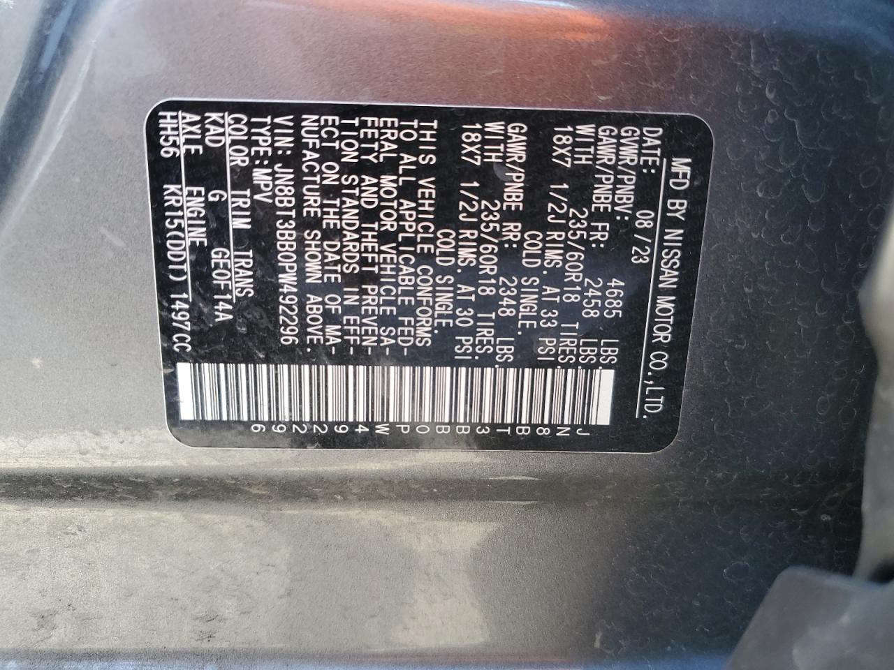 2023 Nissan Rogue VIN JN8BT3BB0PW492296 Copart auction photo, front end damage thumbnail 13