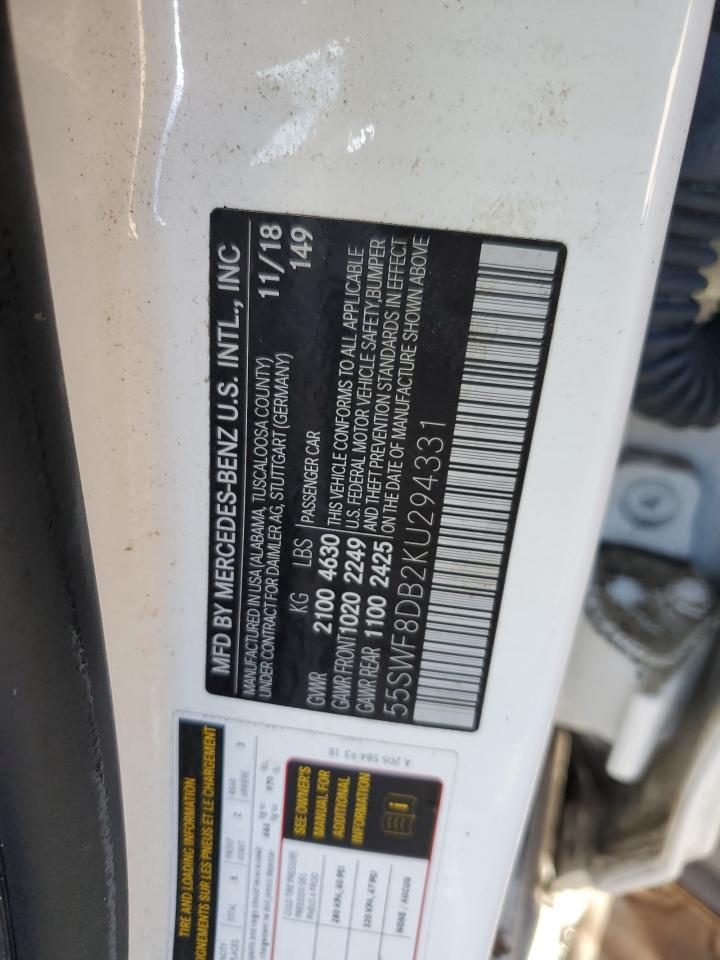 2019 Mercedes-Benz C-klasse VIN 55SWF8DB2KU294331 Copart auction photo, water/flood damage thumbnail 13