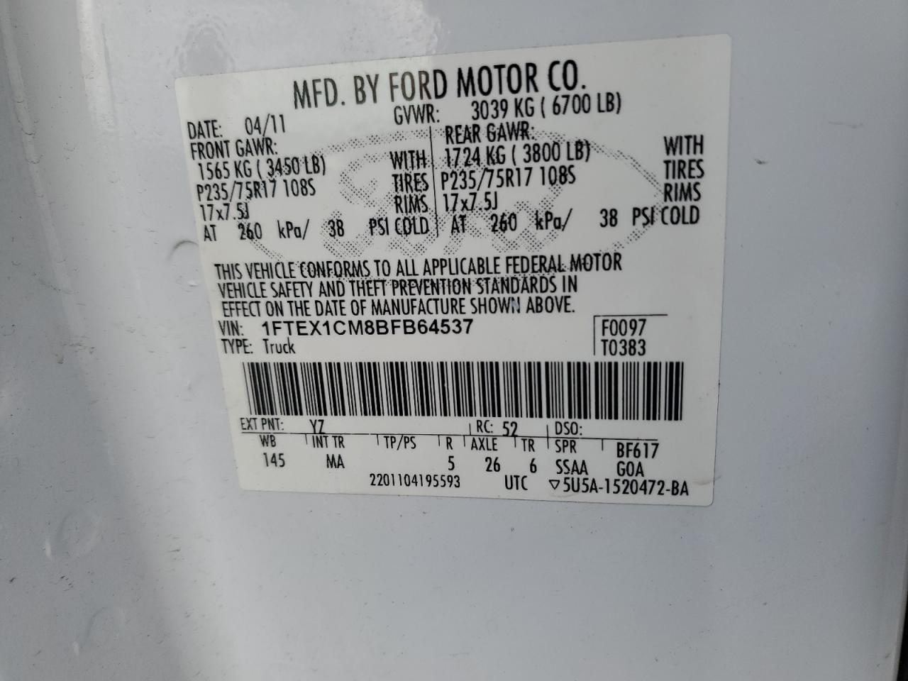 2011 Ford F-150 VIN 1FTEX1CM8BFB64537 Copart auction photo, rear end damage thumbnail 12