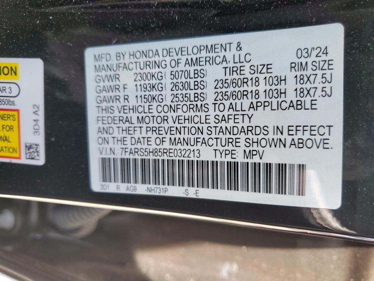 2024 Honda CR-V VIN 7FARS5H85RE032213 Copart auction photo, front end / rear end damage thumbnail 14