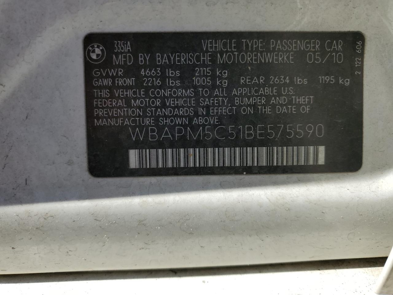 2011 BMW 3er VIN WBAPM5C51BE575590 Copart auction photo, minor dent/scratches damage thumbnail 12