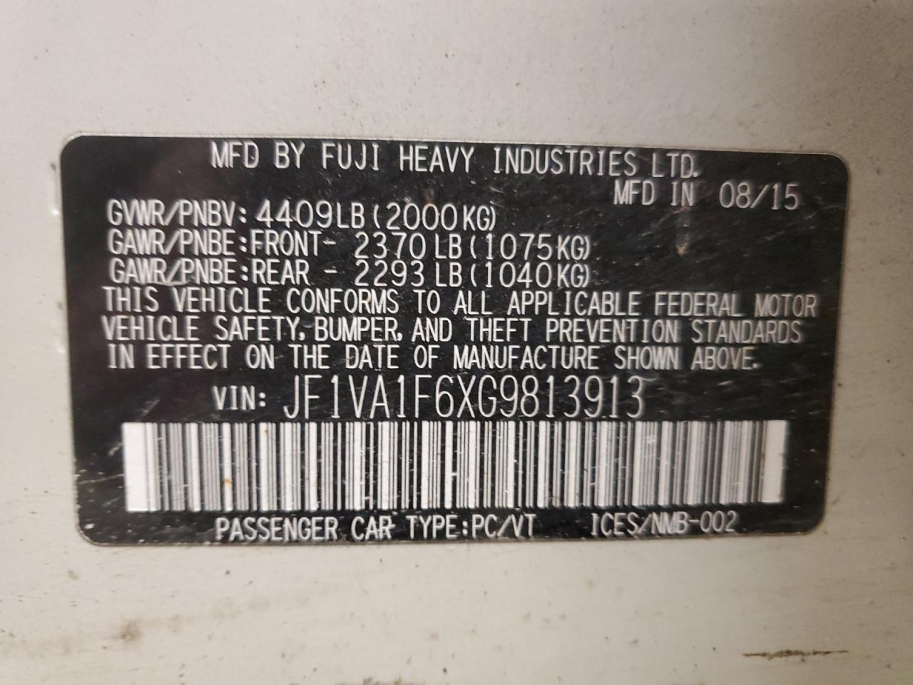 2016 Subaru WRX VIN JF1VA1F6XG9813913 Copart auction photo, front end damage thumbnail 16