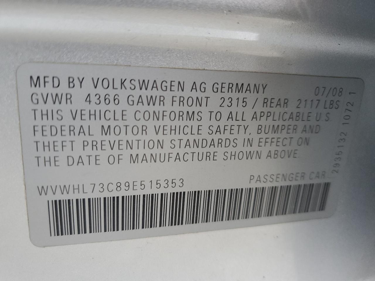 2009 Volkswagen Passat CC VIN WVWHL73C89E515353 Copart auction photo, vandalism / top/roof damage thumbnail 12