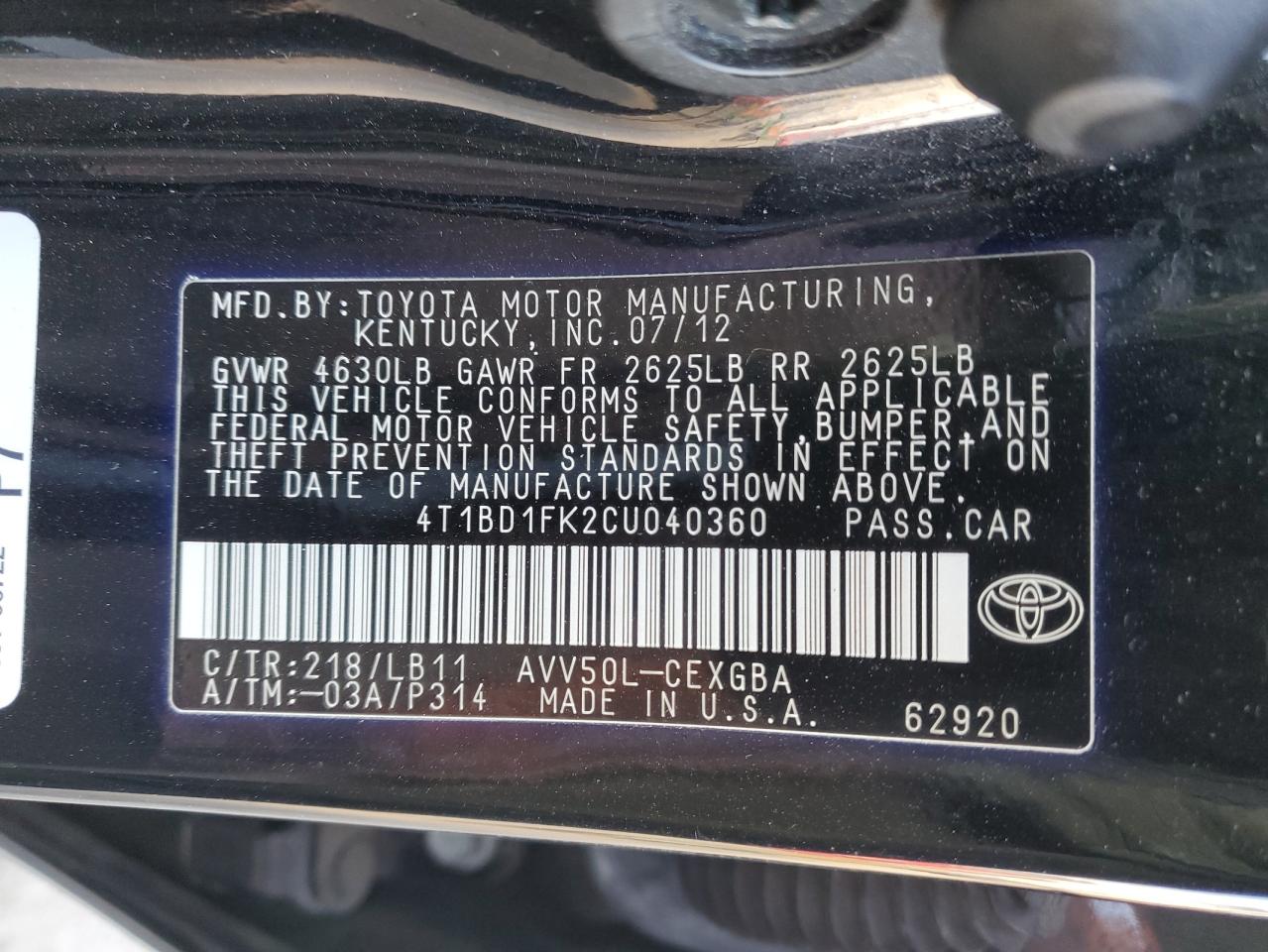 2012 Toyota Camry VIN 4T1BD1FK2CU040360 Copart auction photo, rear end / minor dent/scratches damage thumbnail 12