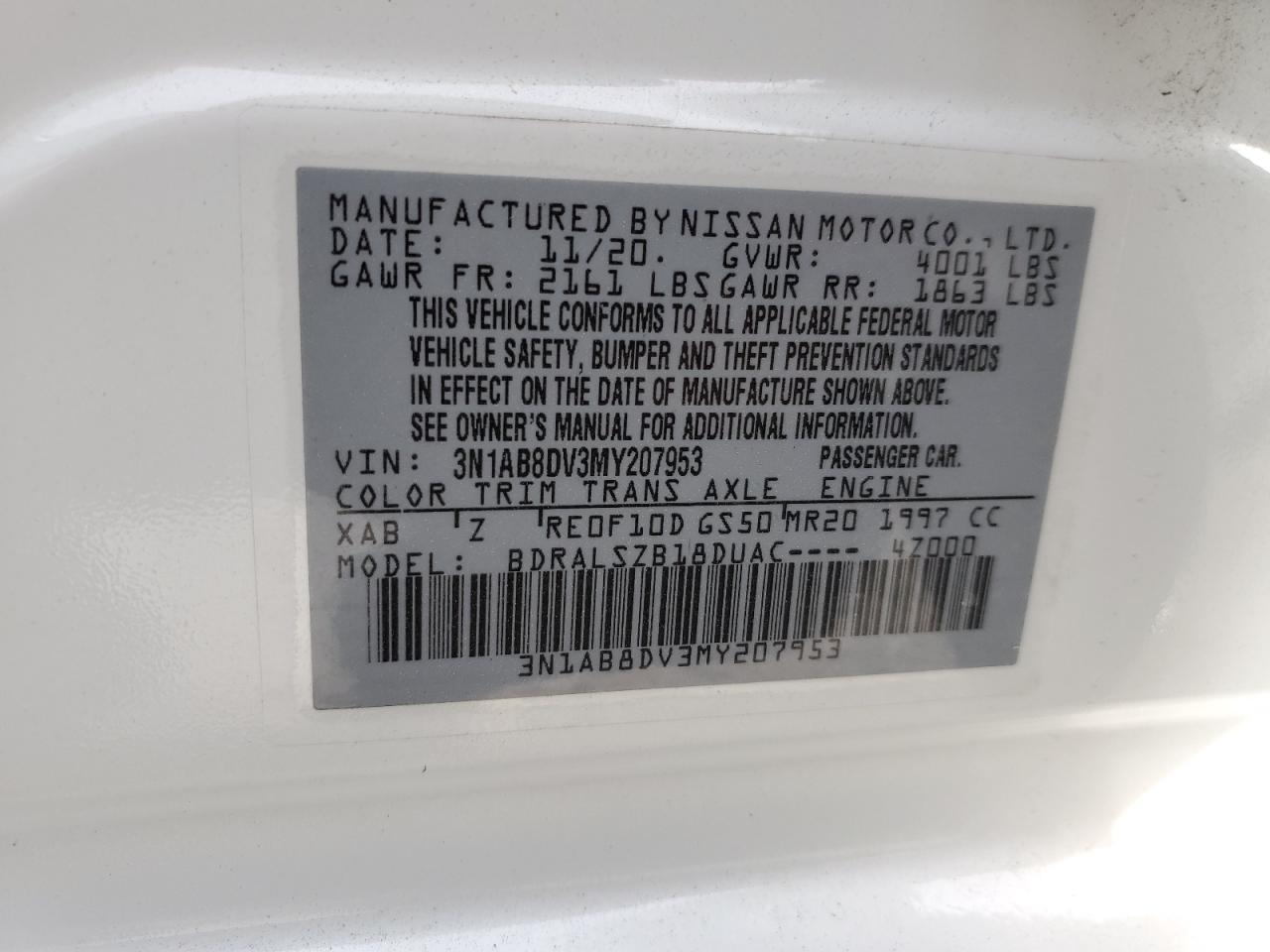 2021 Nissan Sentra VIN 3N1AB8DV3MY207953 Copart auction photo, rear end / side damage thumbnail 14