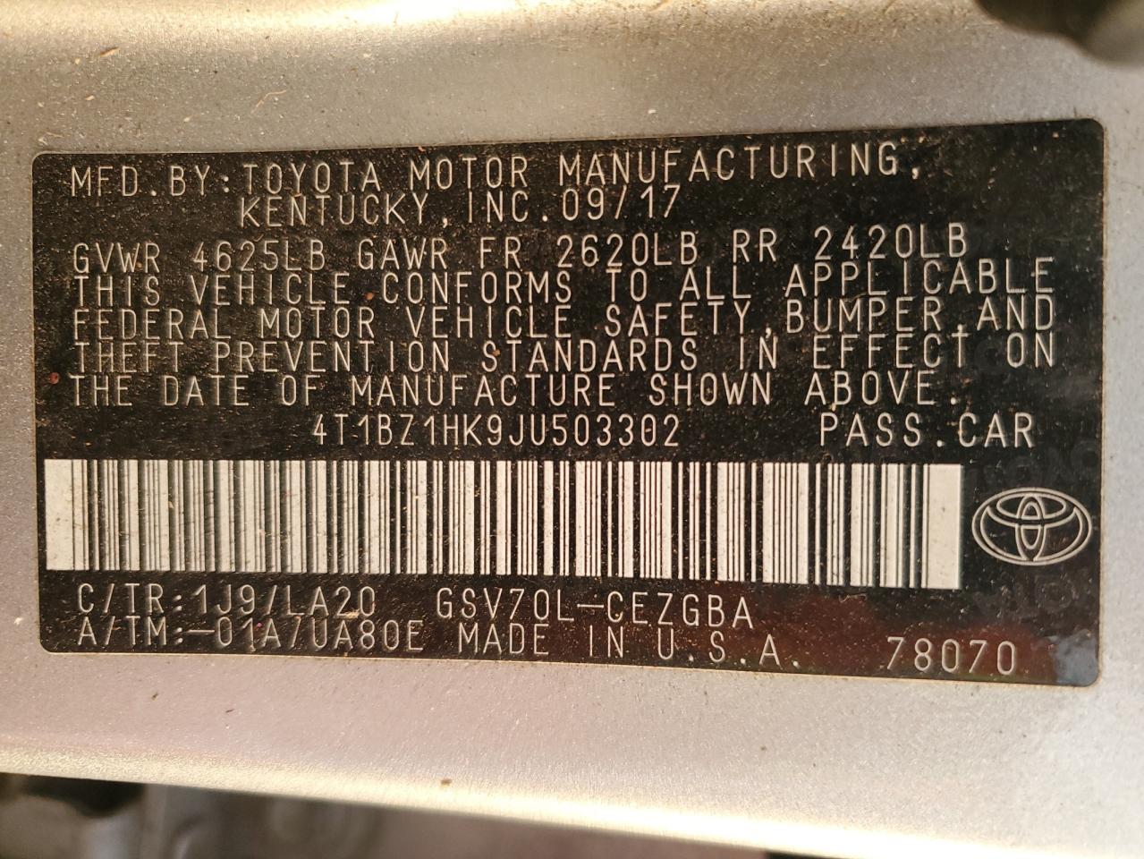 2018 Toyota Camry VIN 4T1BZ1HK9JU503302 Copart auction photo, front end damage thumbnail 13