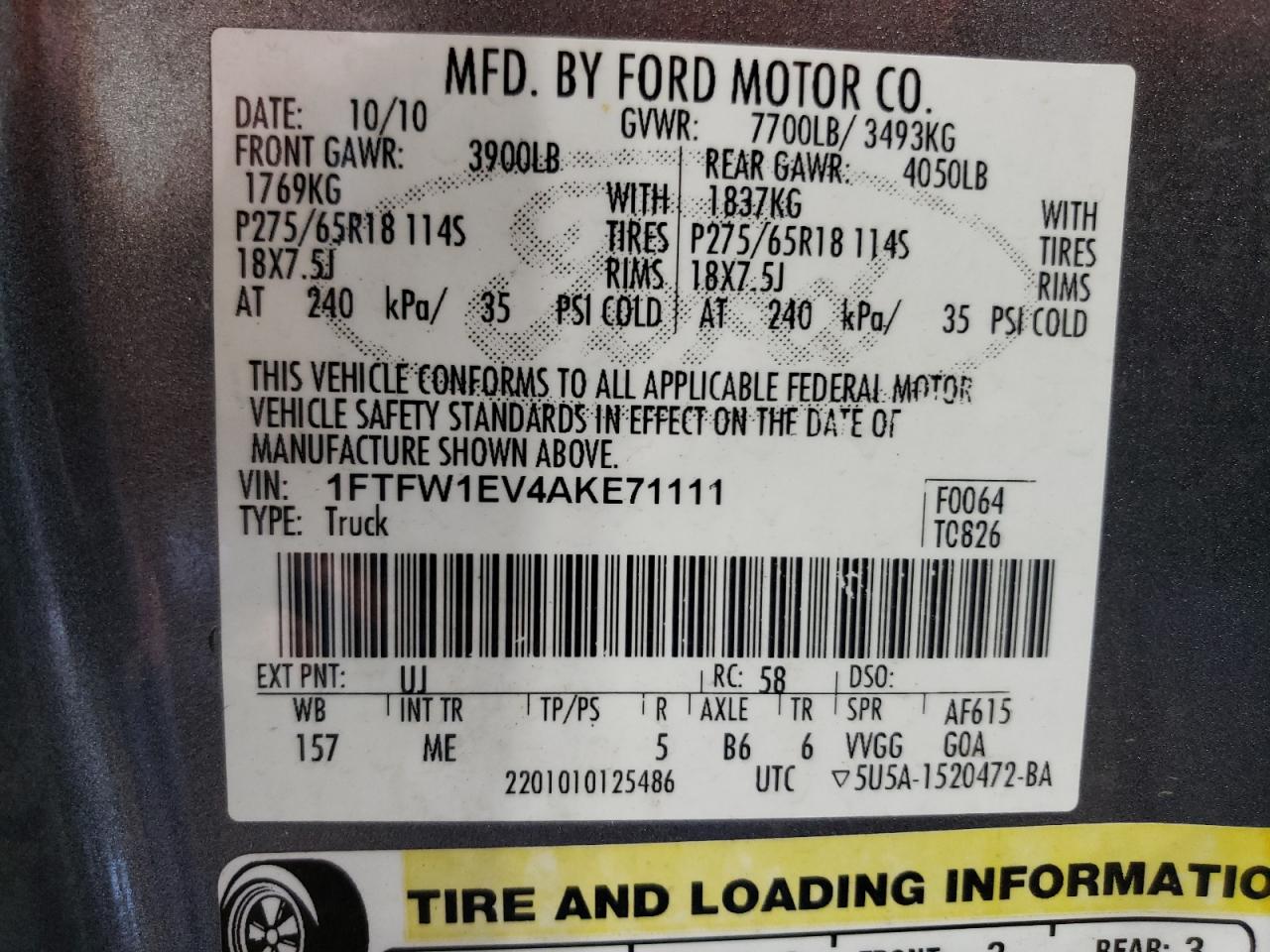 2010 Ford F-150 VIN 1FTFW1EV4AKE71111 Copart auction photo, rear end damage thumbnail 12