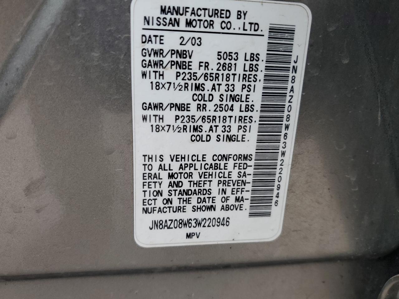 2003 Nissan Murano VIN JN8AZ08W63W220946 Copart auction photo, side / front end damage thumbnail 14