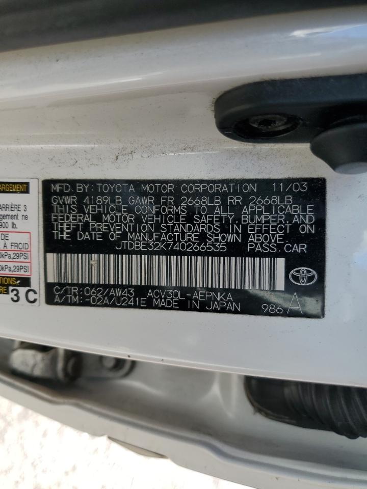2004 Toyota Camry VIN JTDBE32K740266535 Copart auction photo, mechanical / minor dent/scratches damage thumbnail 12
