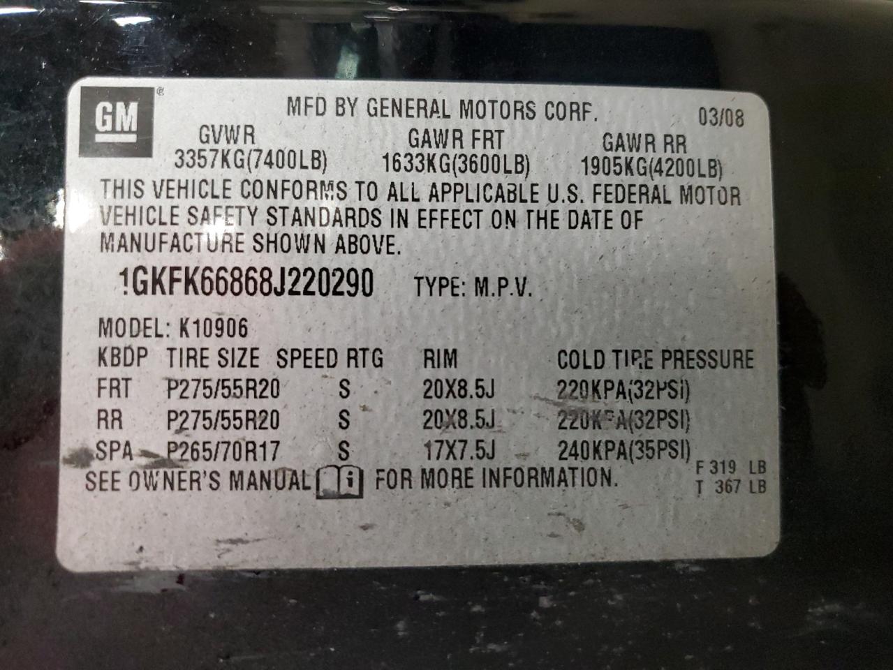 2008 GMC Yukon VIN 1GKFK66868J220290 Copart auction photo, side / rear end damage thumbnail 13