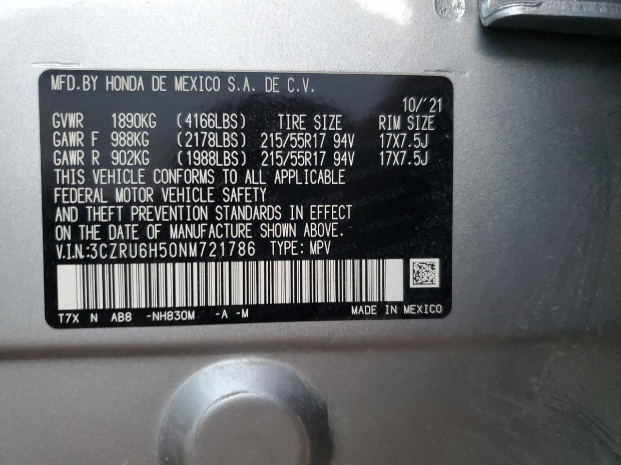 2022 Honda HR-V VIN 3CZRU6H50NM721786 Copart auction photo, front end damage thumbnail 15