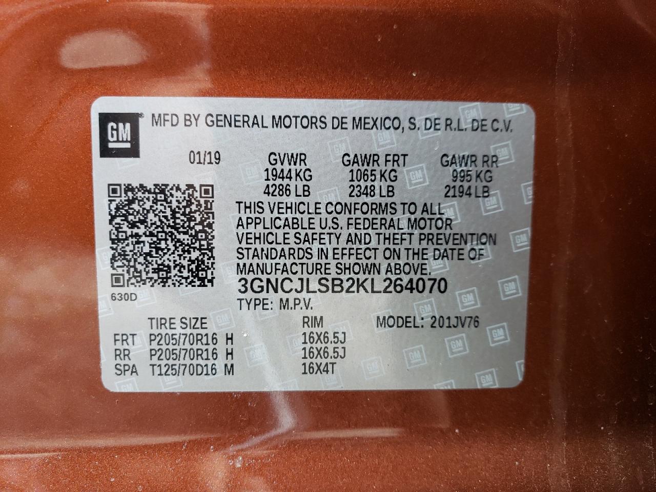 2019 Chevrolet Trax VIN 3GNCJLSB2KL264070 Copart auction photo, rear end / front end damage thumbnail 13