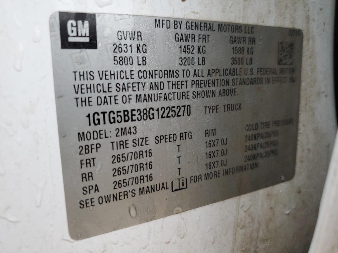 2016 GMC Canyon VIN 1GTG5BE38G1225270 Copart auction photo, all over damage thumbnail 12