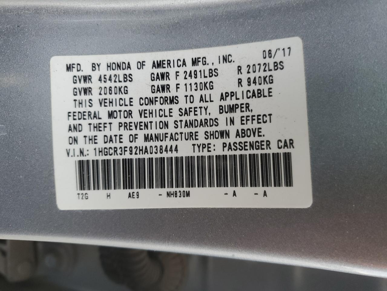 2017 Honda Accord VIN 1HGCR3F92HA038444 Copart auction photo, front end damage thumbnail 15