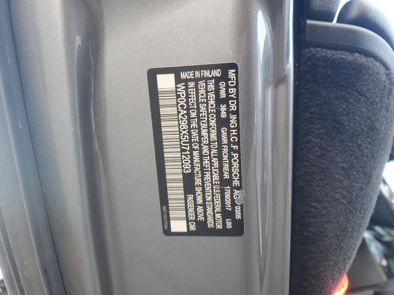 2005 Porsche Boxster VIN WP0CA298X5U712093 Copart auction photo, front end / minor dent/scratches damage thumbnail 12