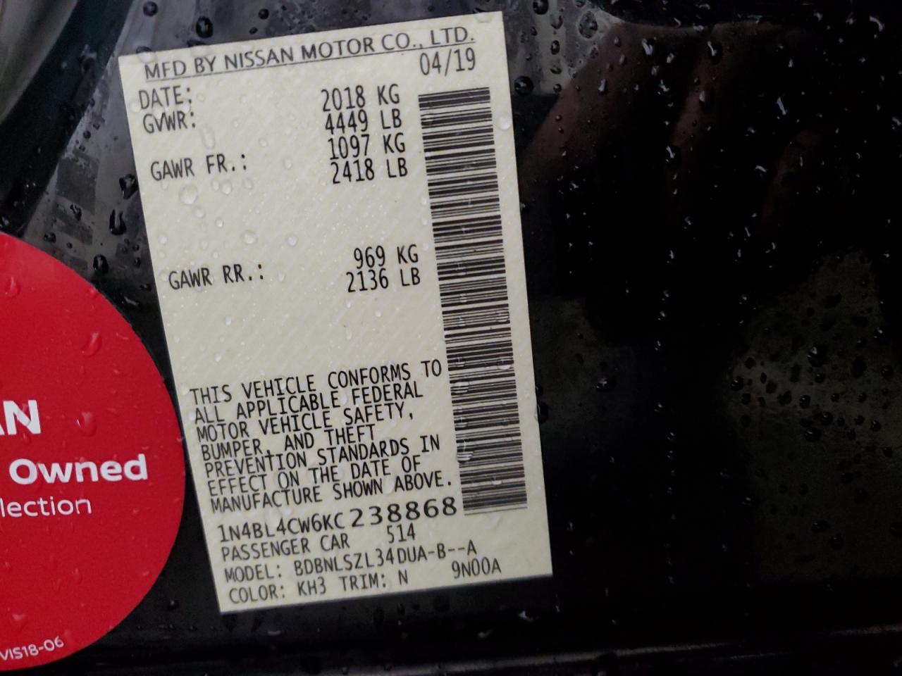 2019 Nissan Altima VIN 1N4BL4CW6KC238868 Copart auction photo, rear end damage thumbnail 14
