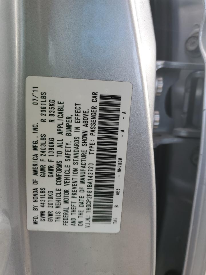 2011 Honda Accord VIN 1HGCP2F81BA143720 Copart auction photo, rear end damage thumbnail 14